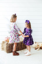 Violets in Bloom Floral 3/4 Sleeve Ruffle Twirl Dress