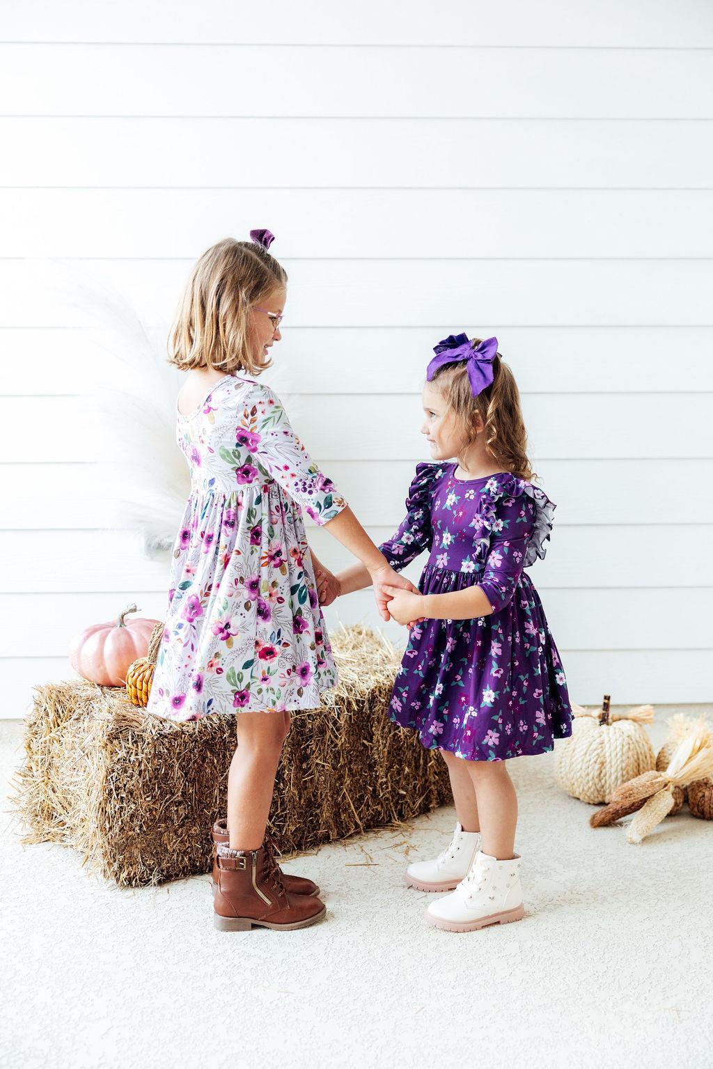 Violets in Bloom Floral 3/4 Sleeve Ruffle Twirl Dress
