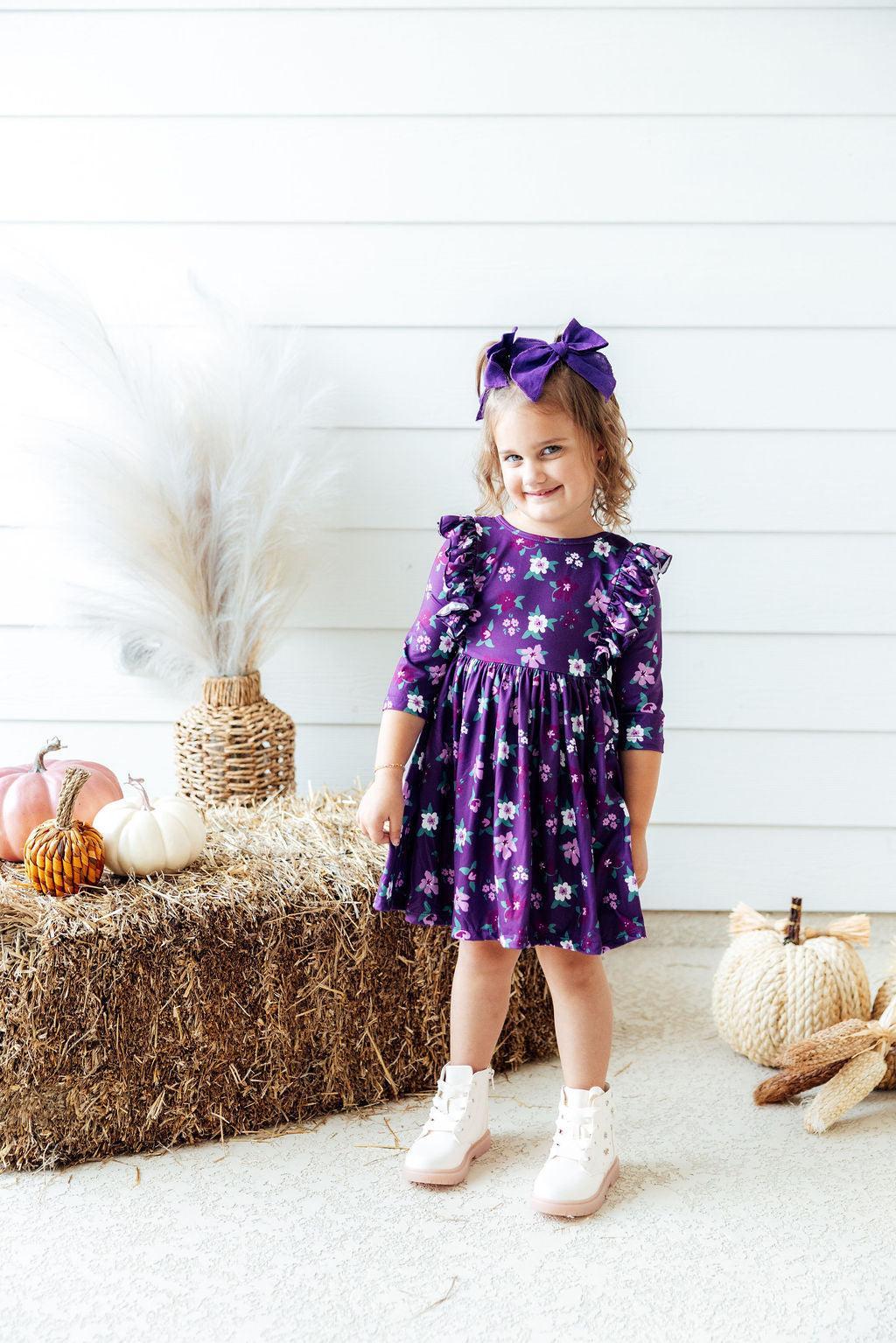 Violets in Bloom Floral 3/4 Sleeve Ruffle Twirl Dress