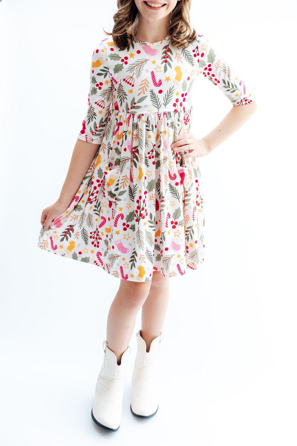 Holly Jolly Christmas 3/4 Sleeve Pocket Twirl Dress