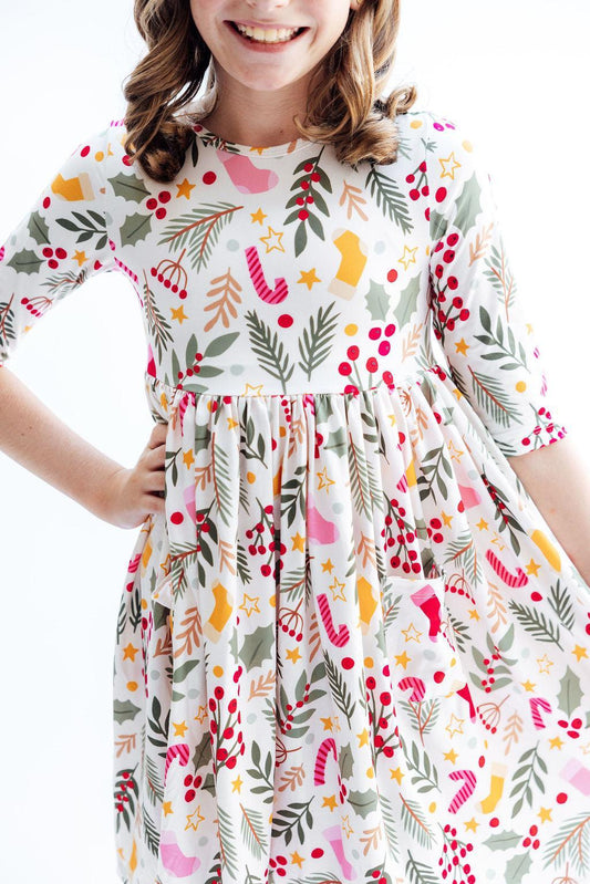 Holly Jolly Christmas 3/4 Sleeve Pocket Twirl Dress