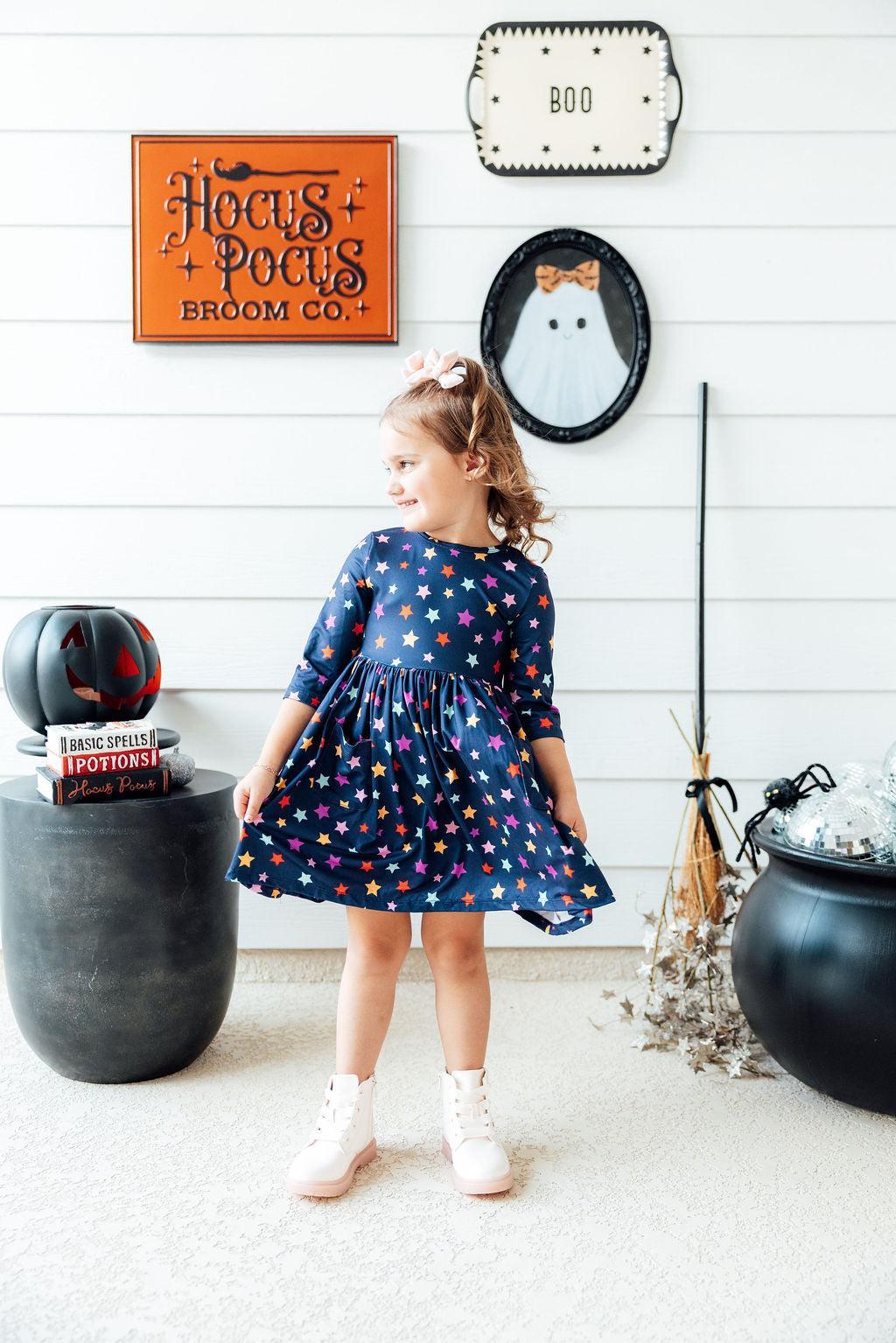 Halloween Stars 3/4 Sleeve Pocket Twirl Dress