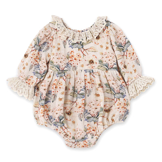 Linen Vintage Floral Bodysuit with Lace Accents