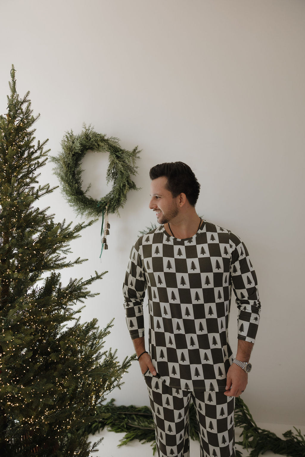 Men's Bamboo Pajamas | Christmas Tree Checkerboard