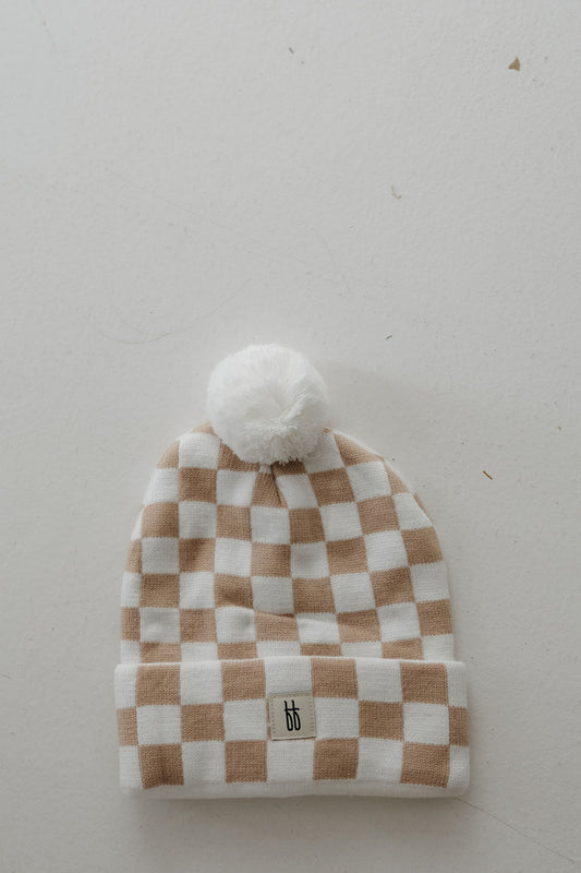 Adult ff Knit Pom Top Beanie | Tan Checkerboard