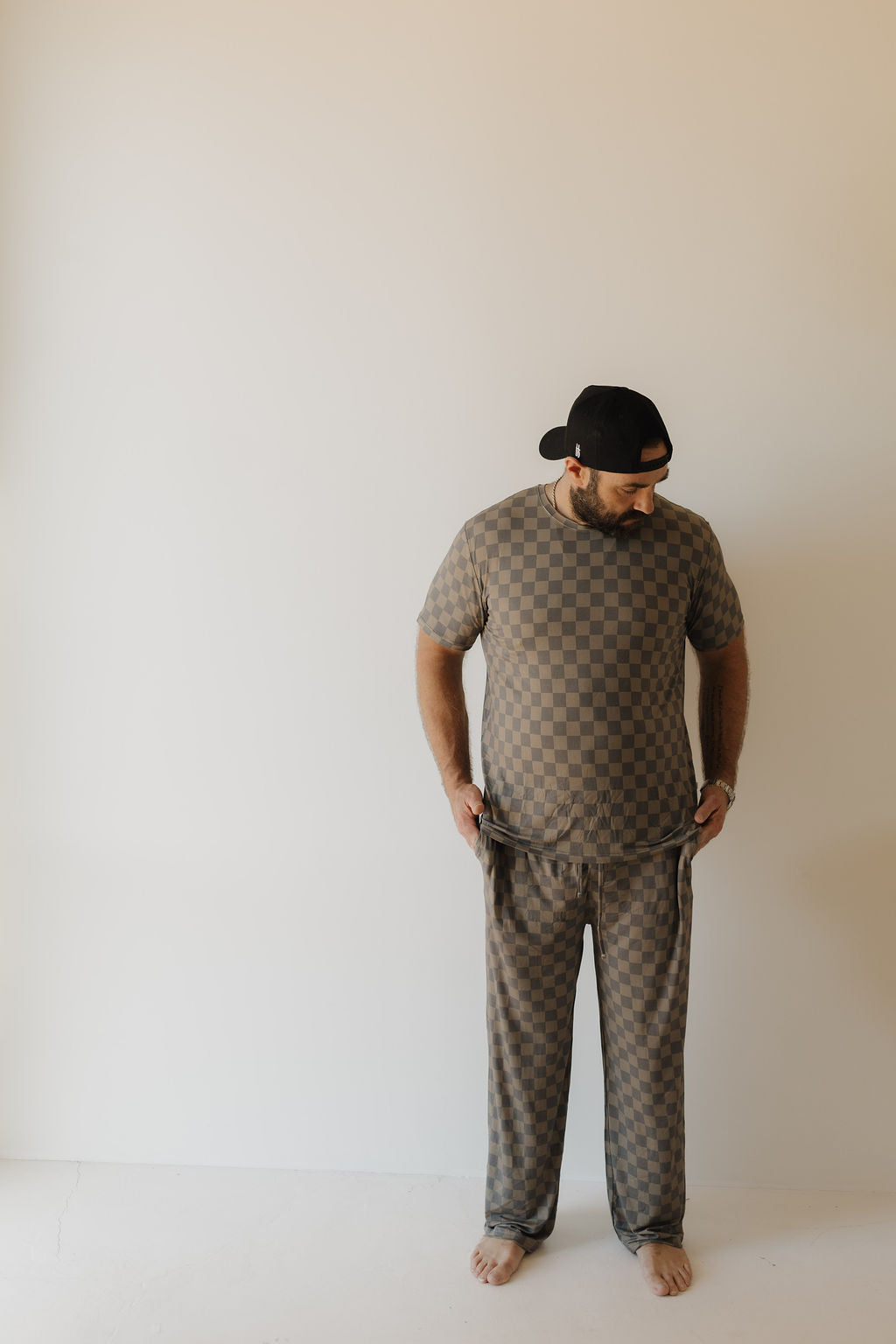 Men's Bamboo Short Sleeve Pajama | Faded Brown Checkerboard