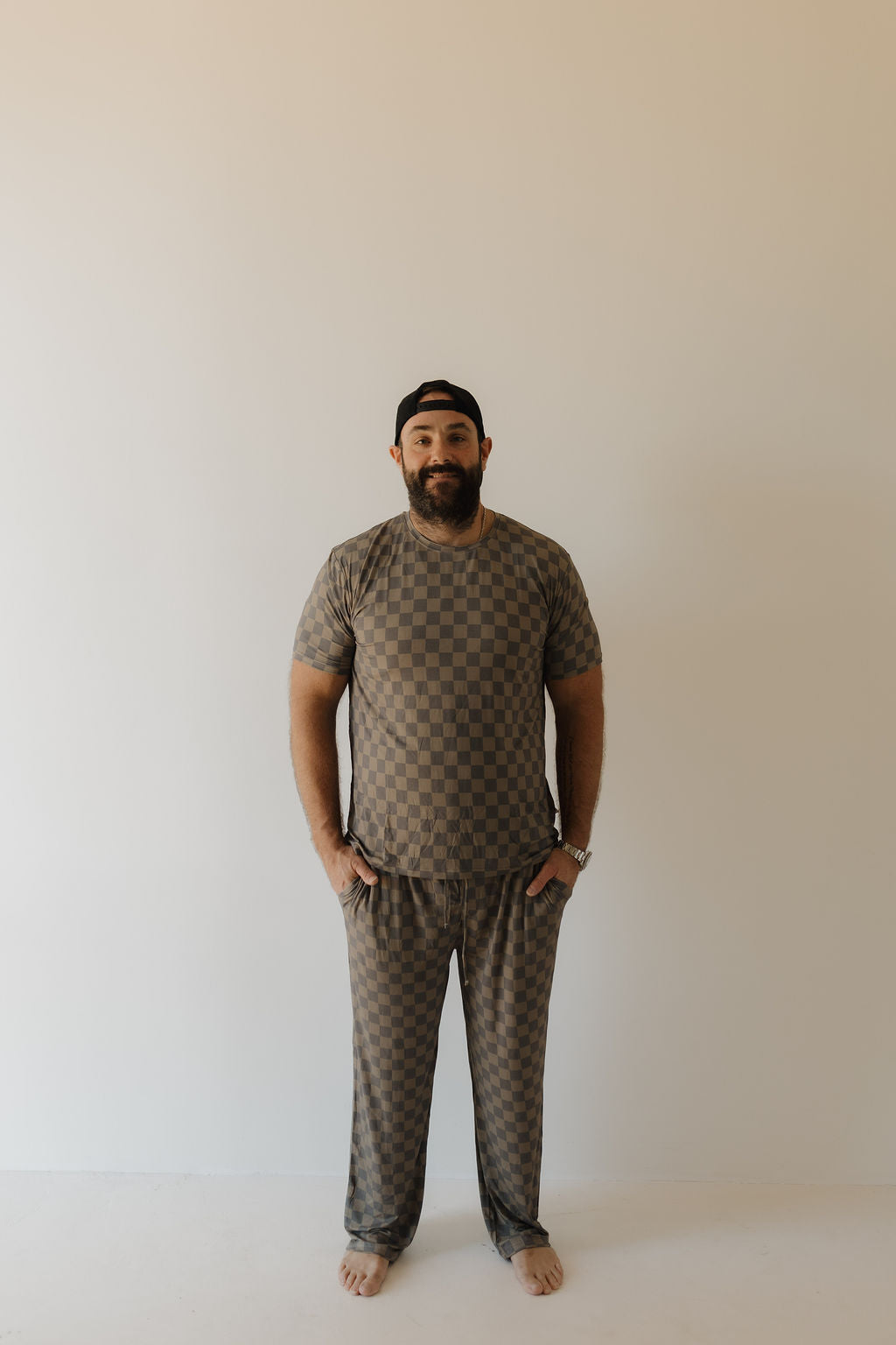 Men's Bamboo Short Sleeve Pajama | Faded Brown Checkerboard