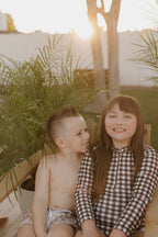 Girls Long Sleeve Swimsuit | Chocolate Gingham