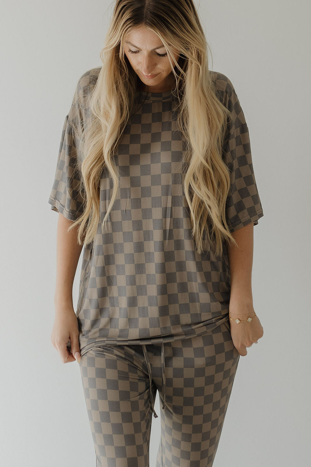 Short Sleeve Women's Bamboo Pajama | Faded Brown Checkerboard