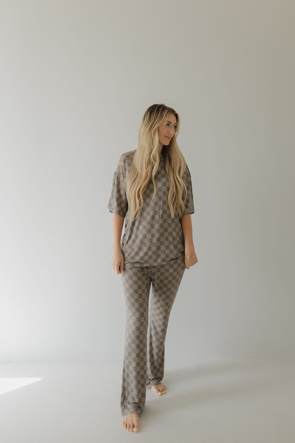 Short Sleeve Women's Bamboo Pajama | Faded Brown Checkerboard