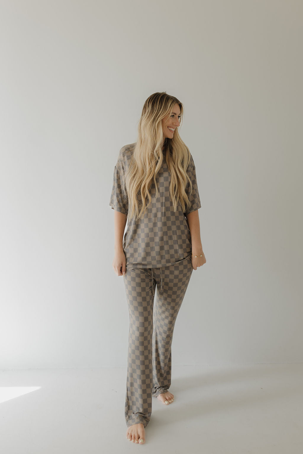 Short Sleeve Women's Bamboo Pajama | Faded Brown Checkerboard