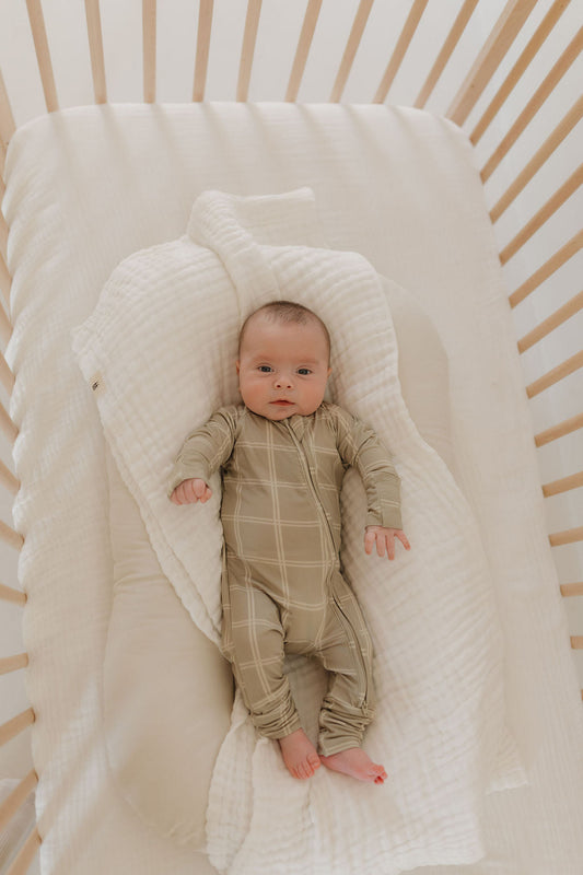 Bamboo Zip Pajamas | Linen Grid Zipper Romper