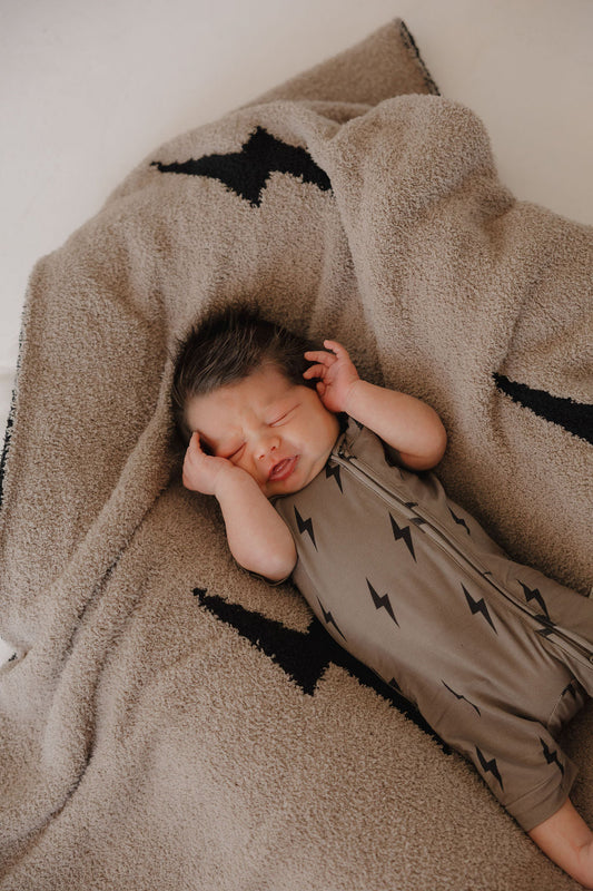Shortie Bamboo Zip Zipper Romper | Brown & Black Lightning Bolt