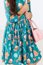 Gingerbread House 3/4 Sleeve Pocket Twirl Dress