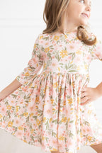 Pretty Peachy Floral 3/4 Sleeve Pocket Twirl Dress