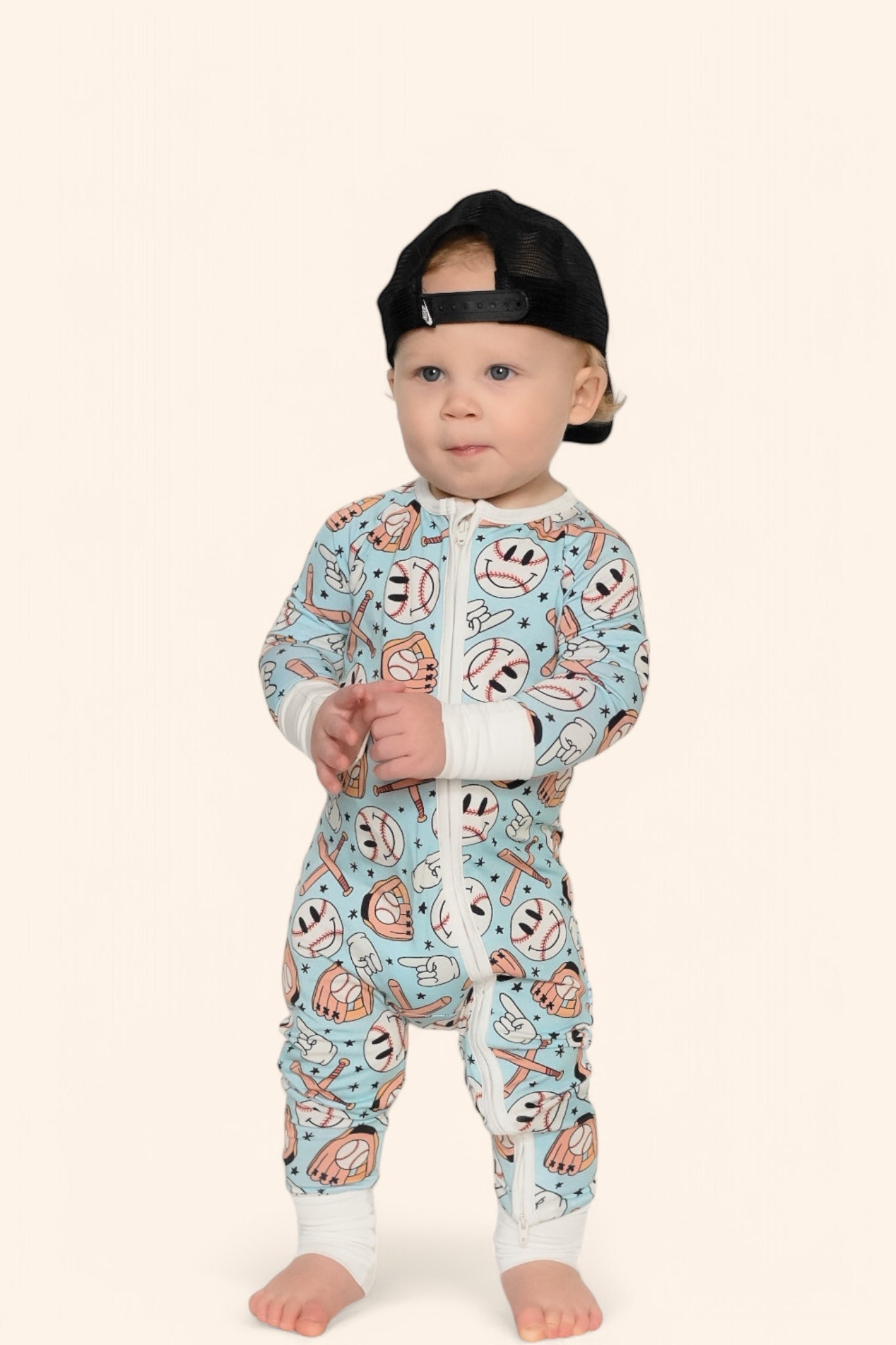BASEBALL SMILEY DREAM ZIPPER ROMPER