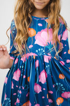 Poppies Floral 3/4 Sleeve Pocket Twirl Dress