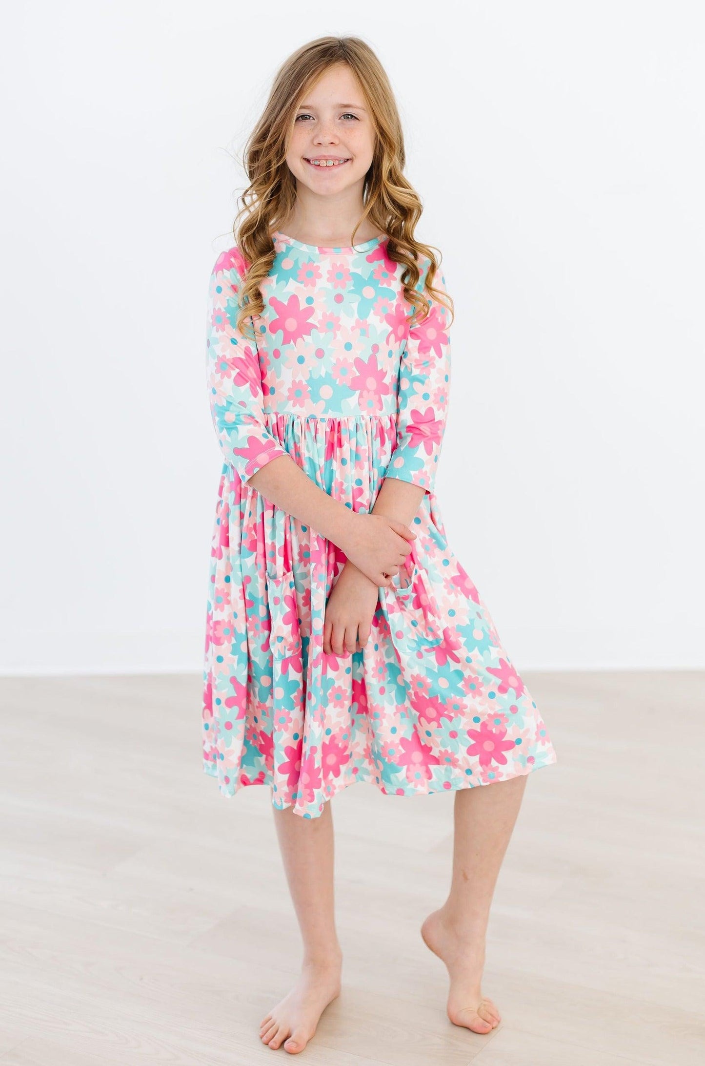 Petal Perfection 3/4 Sleeve Floral Pocket Twirl Dress