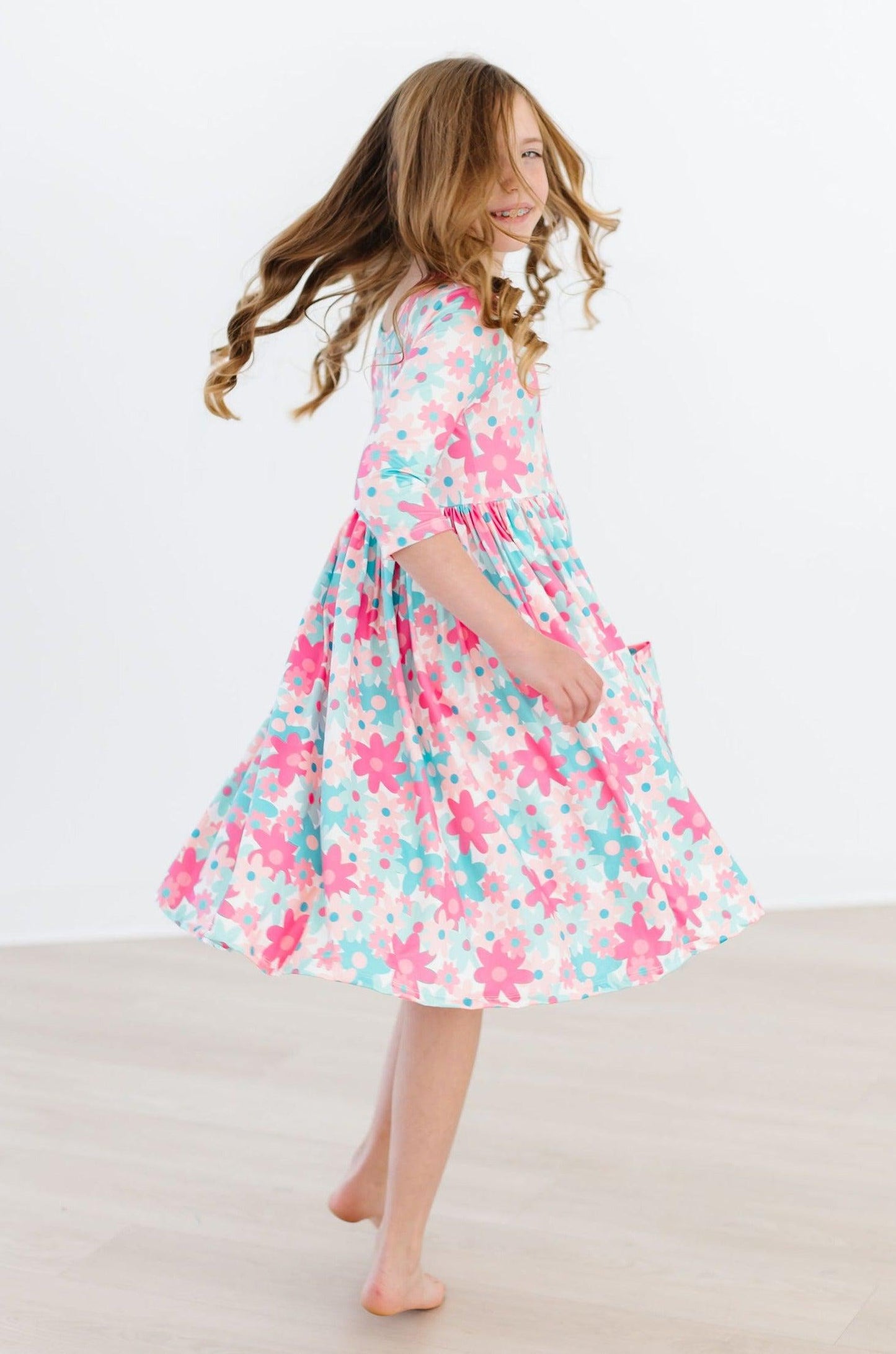 Petal Perfection 3/4 Sleeve Floral Pocket Twirl Dress