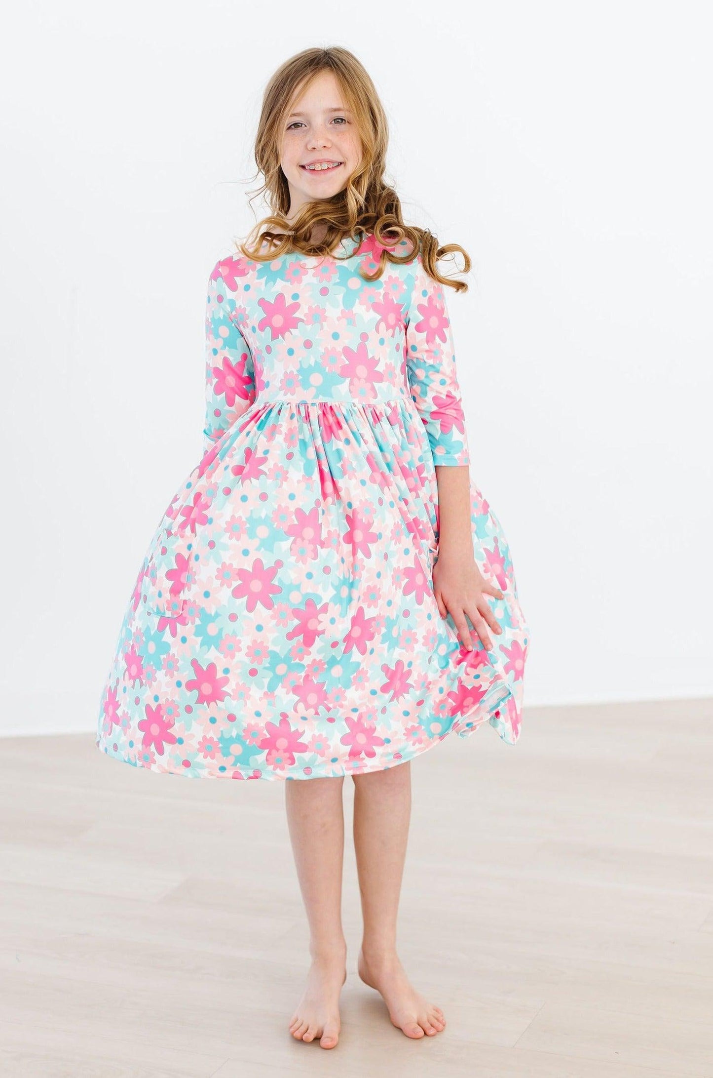 Petal Perfection 3/4 Sleeve Floral Pocket Twirl Dress