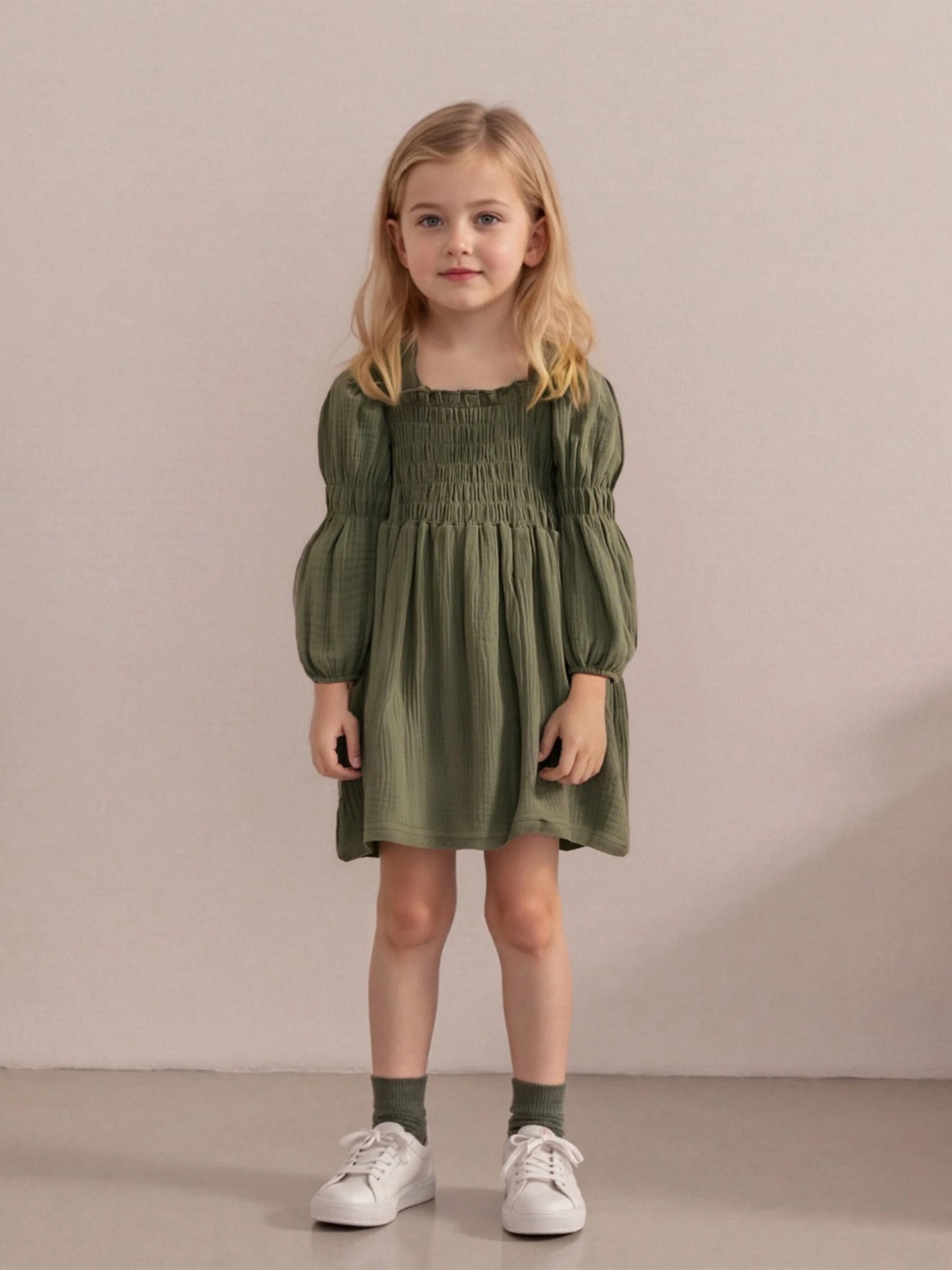 Baby Toddler Girl Bubble Sleeve Dress Stylish Solid Smocked Square Neck Long Sleeve A Line Dress