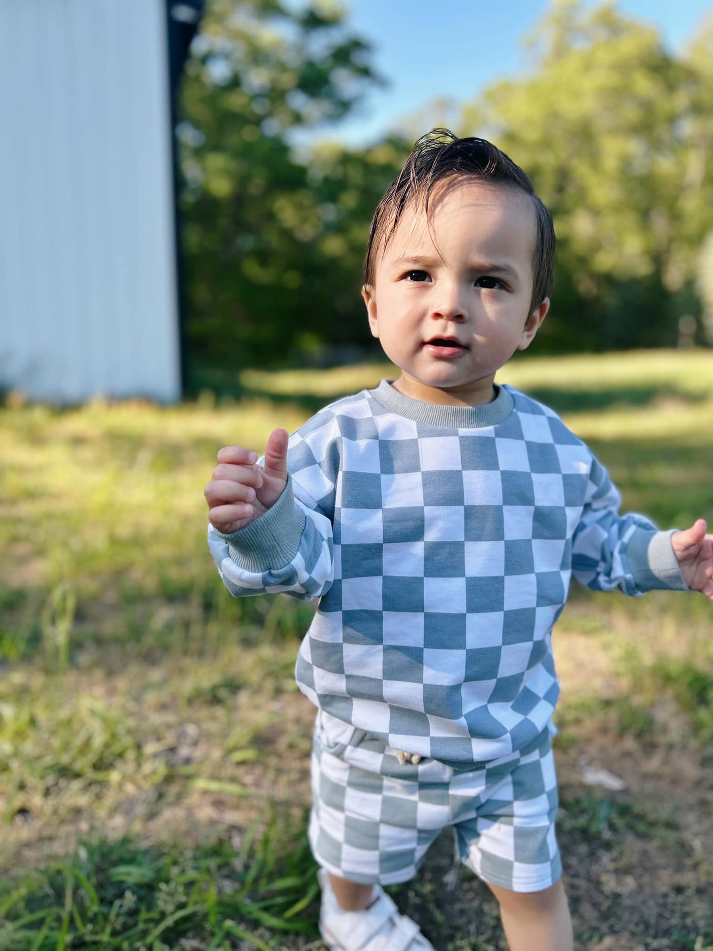 Organic Cotton Checkered Crewneck & Shorts Set