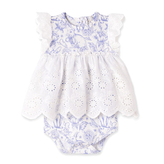 Easter Bunny Toile Lace Skirted Bodysuit Romper