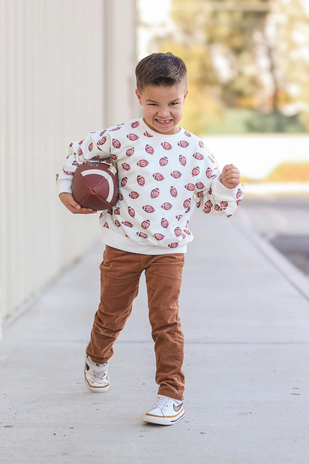 Football Print Cotton Crewneck Sweatshirt Top