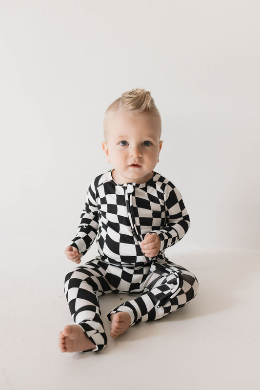 Bamboo Zip Pajamas | Black & White Wavy Checkerboard