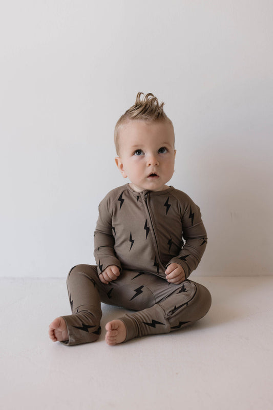 Bamboo Zip Pajamas | Brown & Black Lightning Bolt