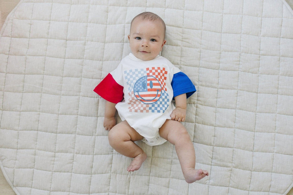 4th of July Checker Smiley T-Shirt Romper
