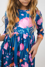 Poppies Floral 3/4 Sleeve Pocket Twirl Dress