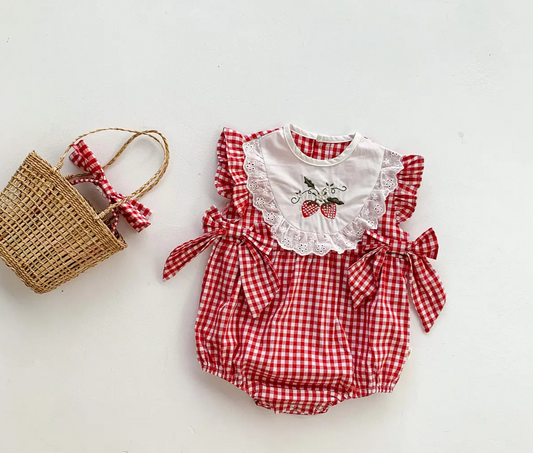 Strawberry Plaid Embroidered Romper