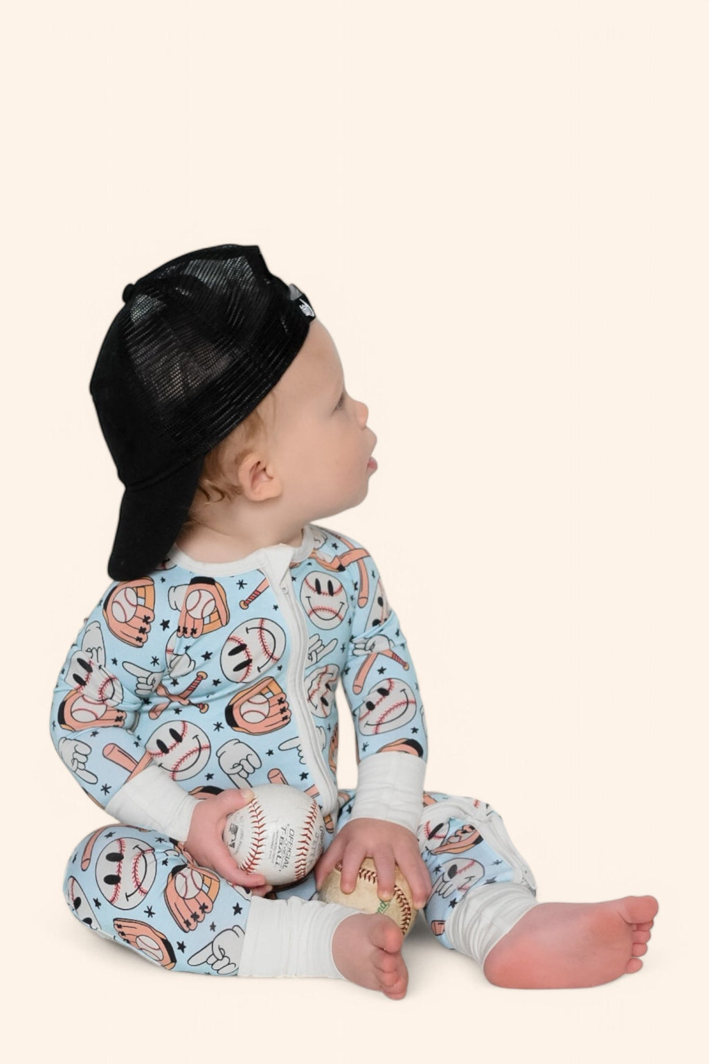 BASEBALL SMILEY DREAM ZIPPER ROMPER