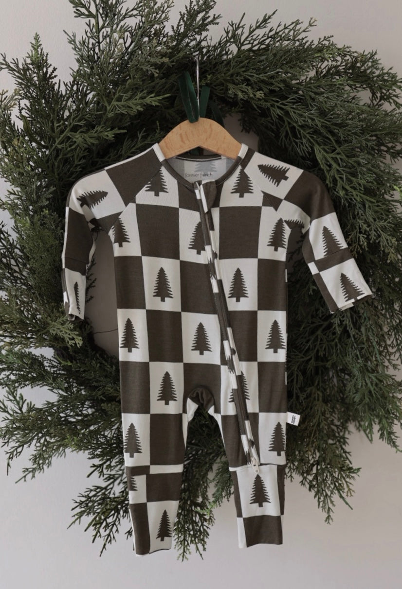 Bamboo Zip Pajamas | Christmas Tree Checkerboard