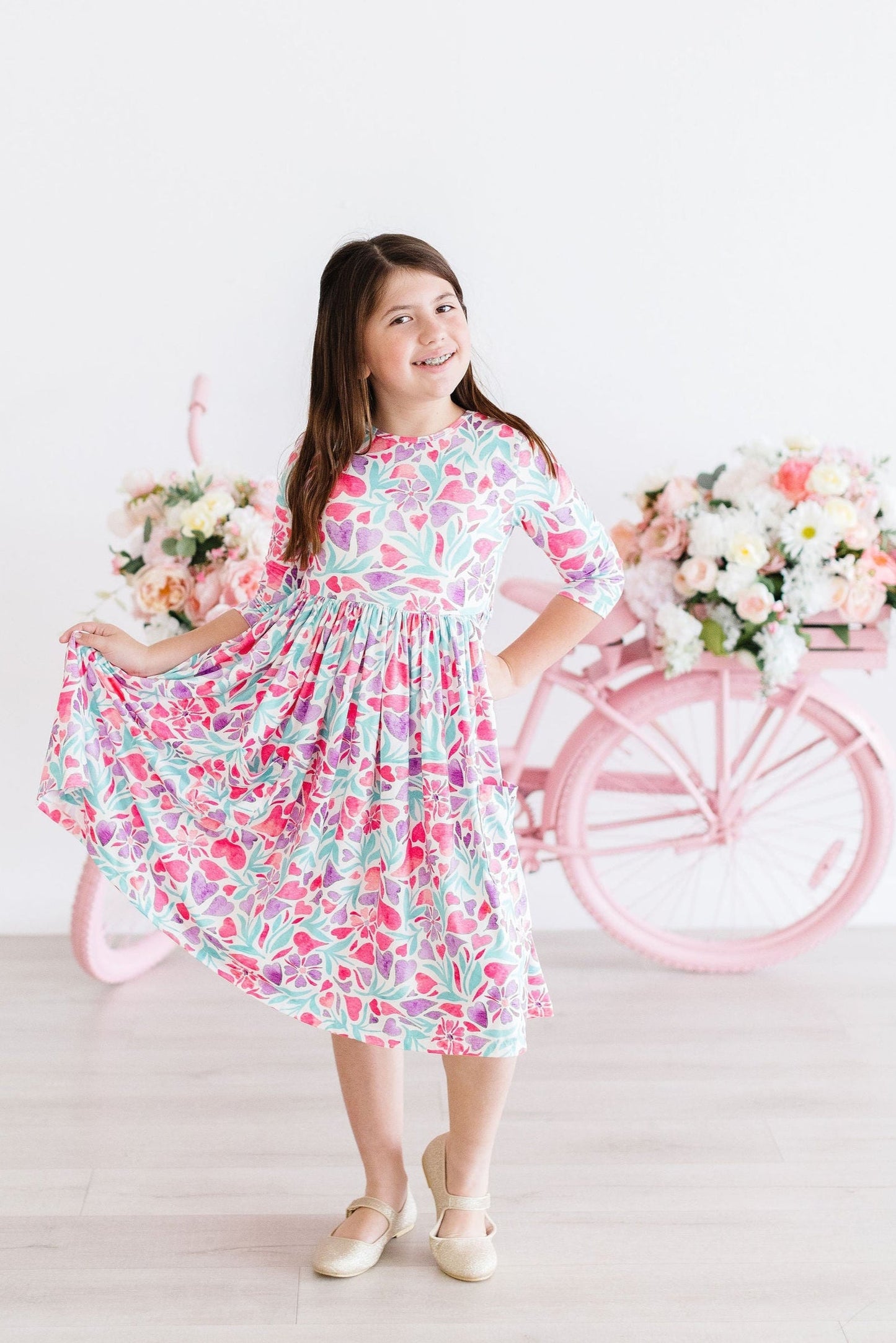 Watercolor Hearts 3/4 Sleeve Pocket Twirl Dress