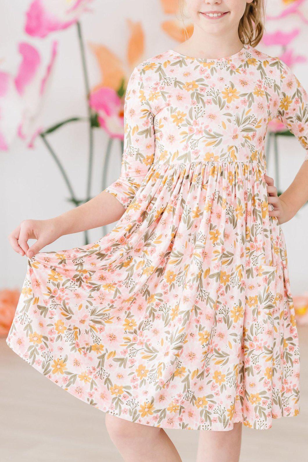 Pretty Peachy Floral 3/4 Sleeve Pocket Twirl Dress