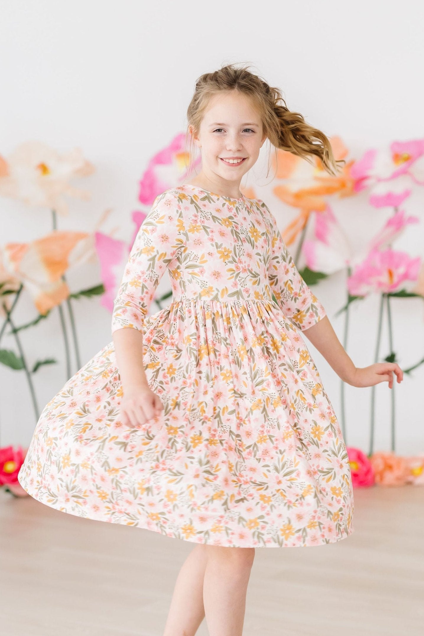 Pretty Peachy Floral 3/4 Sleeve Pocket Twirl Dress