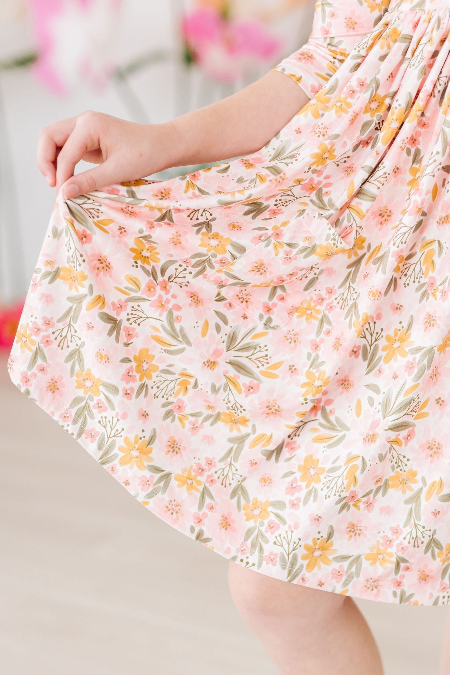 Pretty Peachy Floral 3/4 Sleeve Pocket Twirl Dress