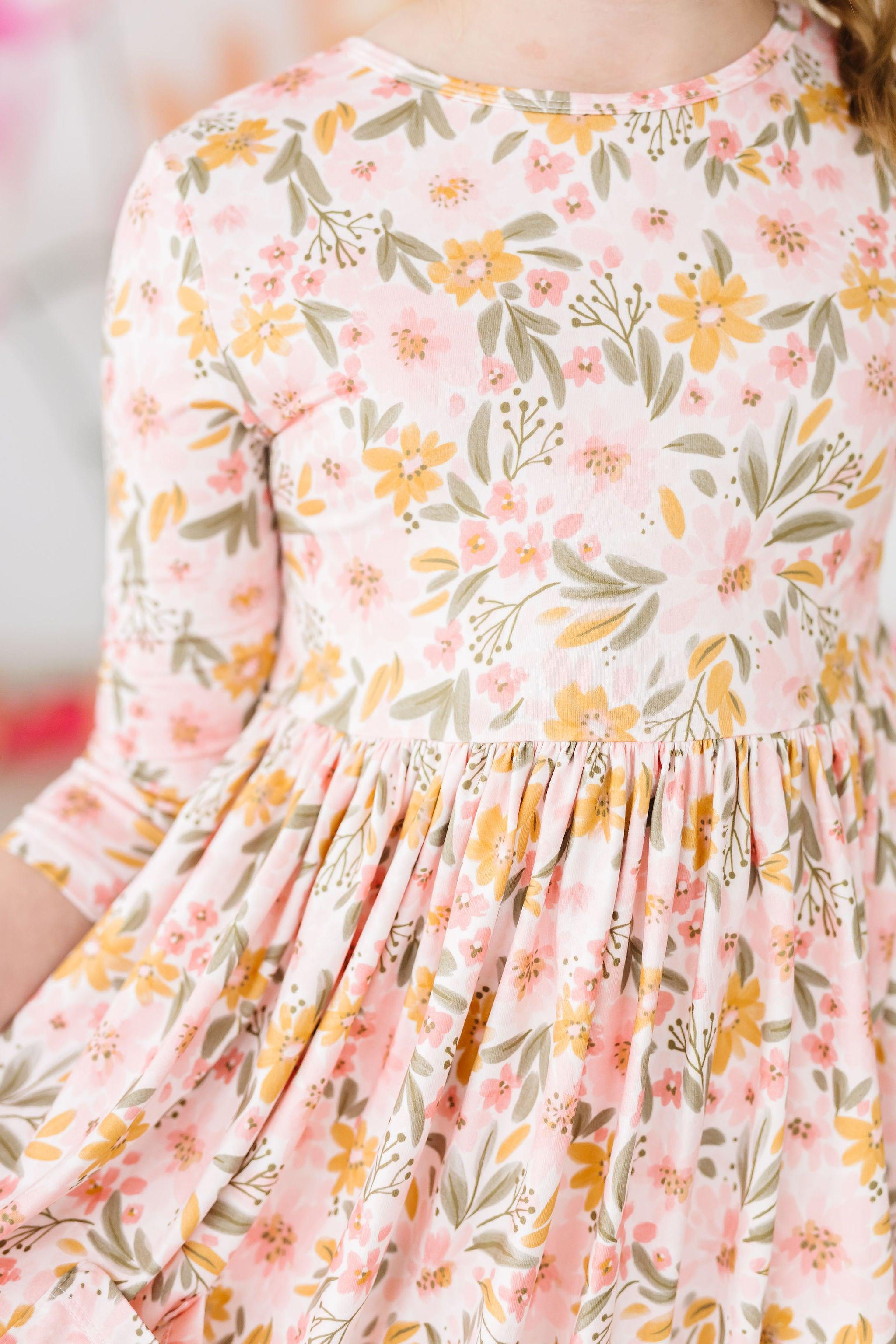 Pretty Peachy Floral 3/4 Sleeve Pocket Twirl Dress