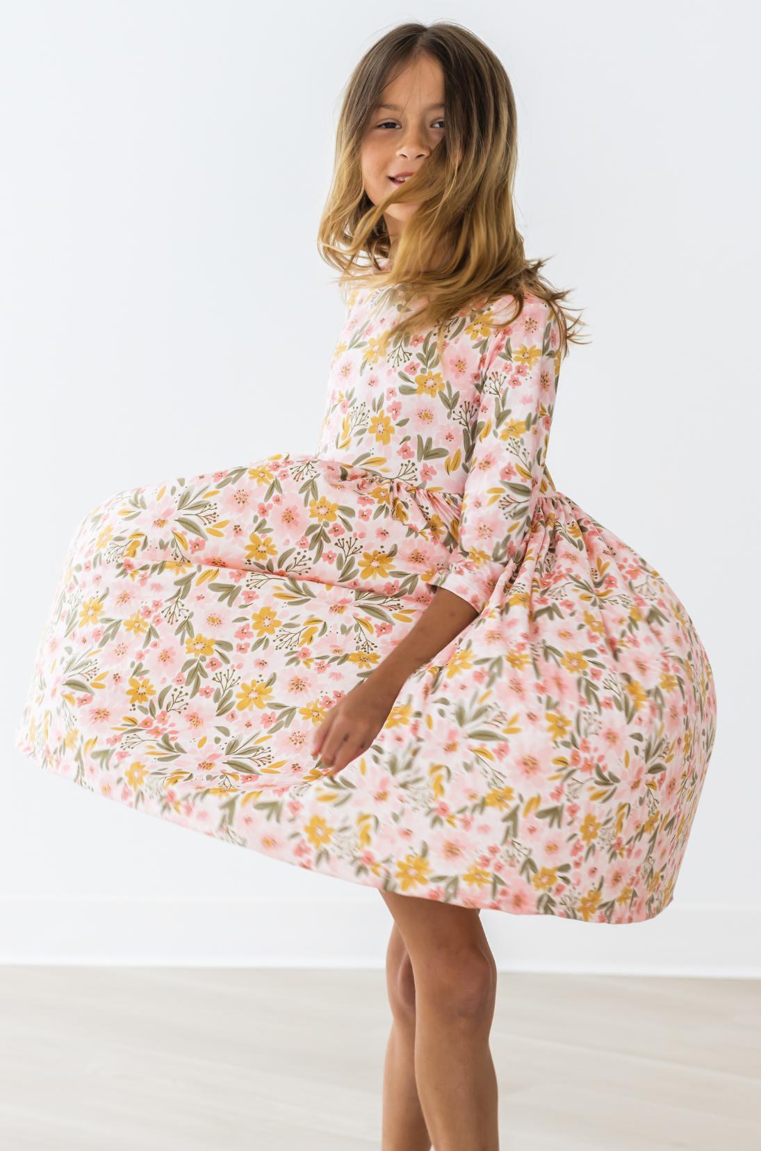 Pretty Peachy Floral 3/4 Sleeve Pocket Twirl Dress