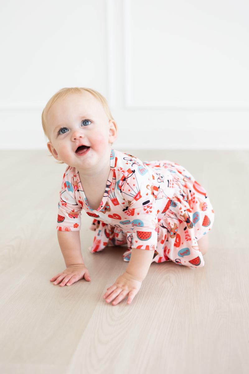 Puppy Love 3/4 Sleeve Twirl Bodysuit Romper