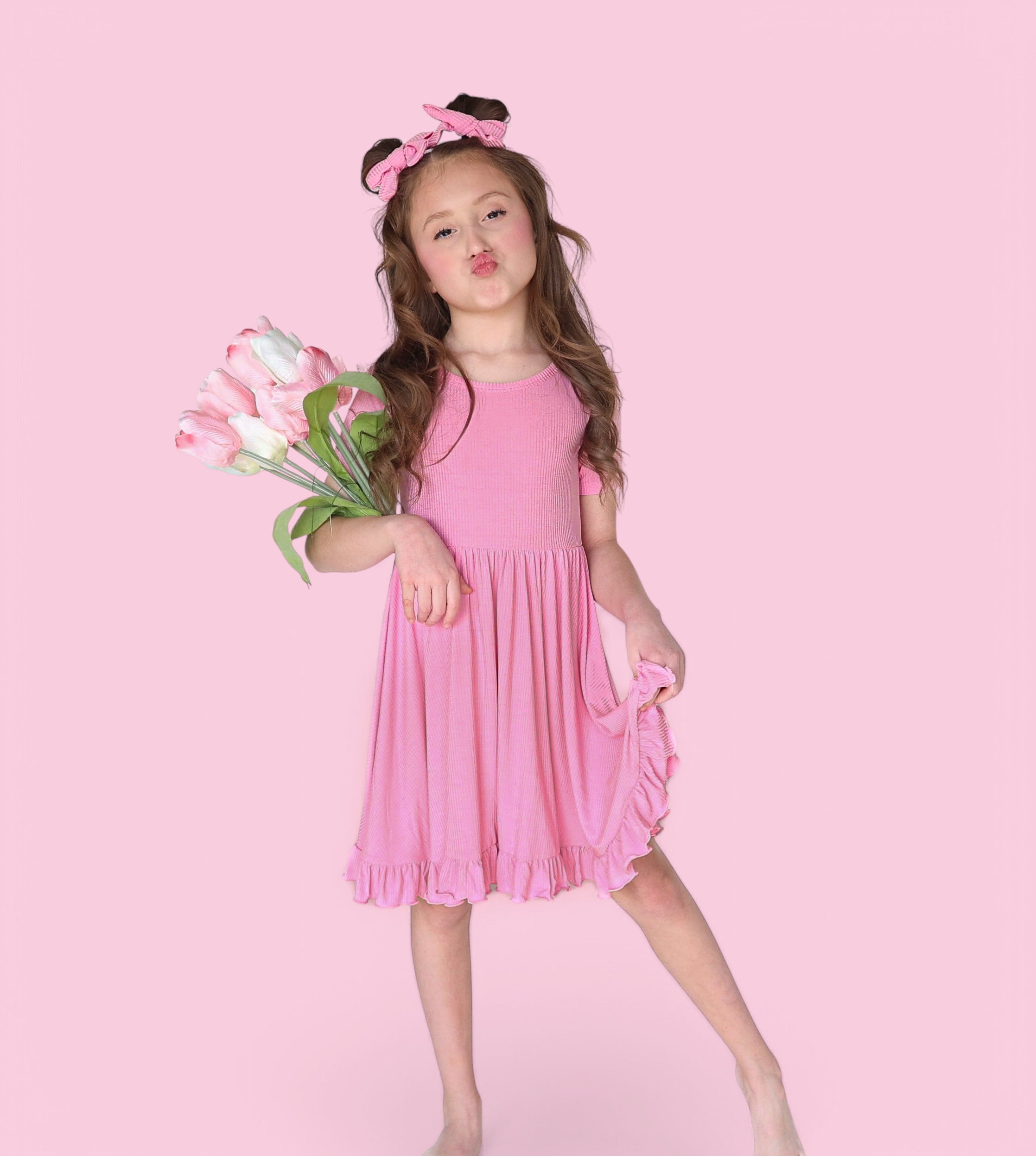 BELLA PINK RIB DREAM RUFFLE DRESS