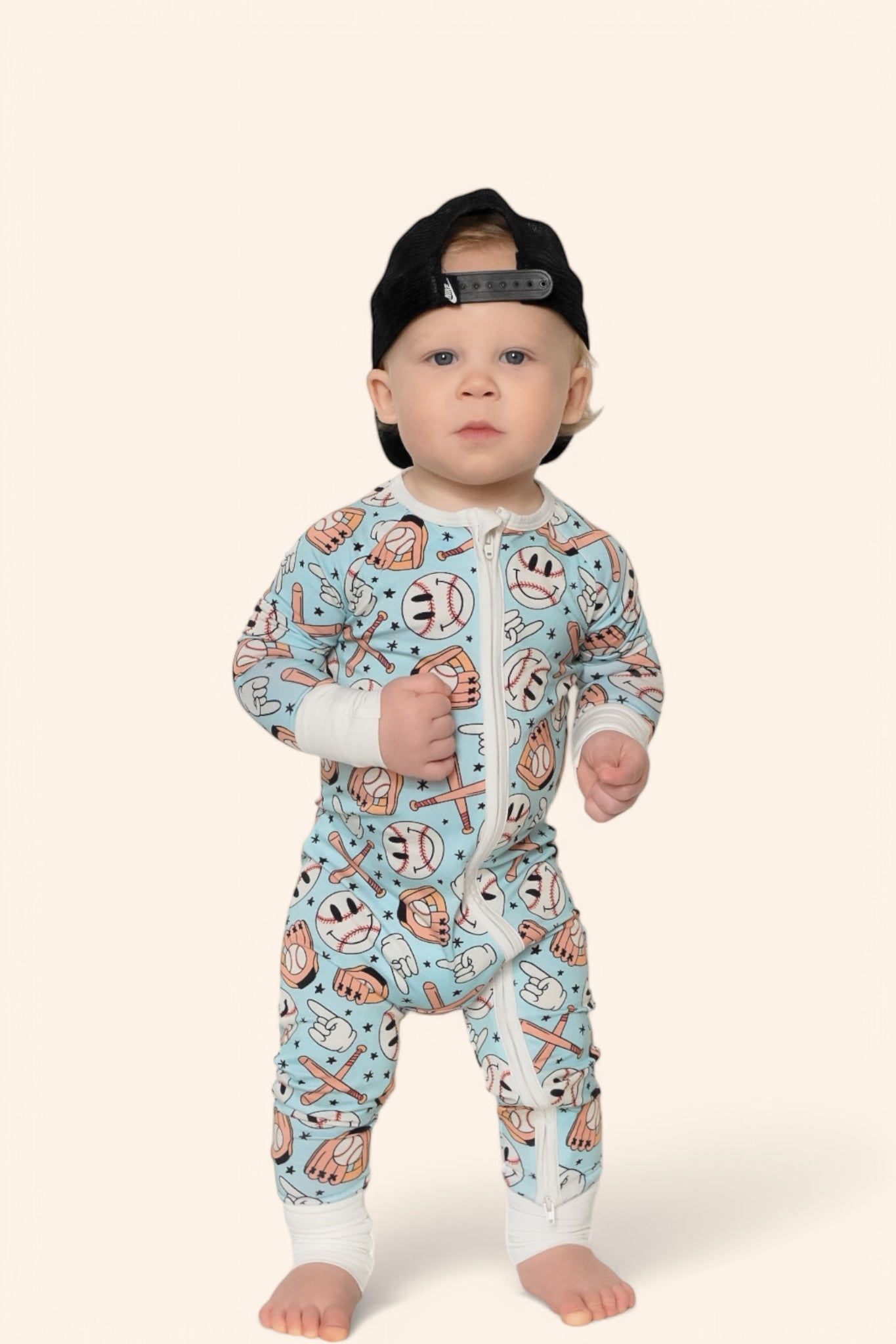 BASEBALL SMILEY DREAM ZIPPER ROMPER
