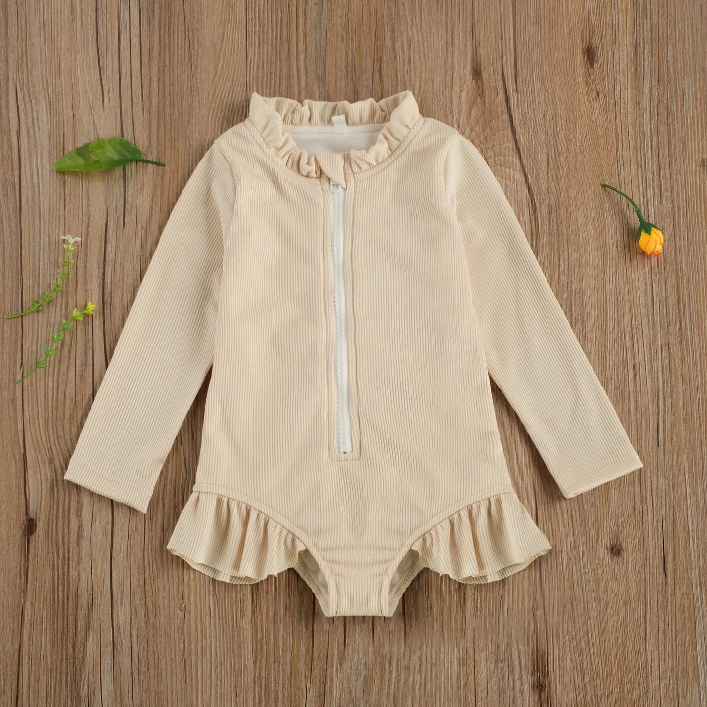 Baby Toddler Kids Girls Swimwear Solid Ruffles Long Sleeve Zipper Beachwear Bathing Suit Romper