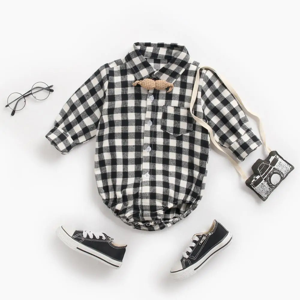 Button Up Plaid  Bodysuit Romper