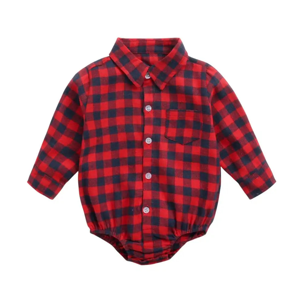 Button Up Plaid  Bodysuit Romper