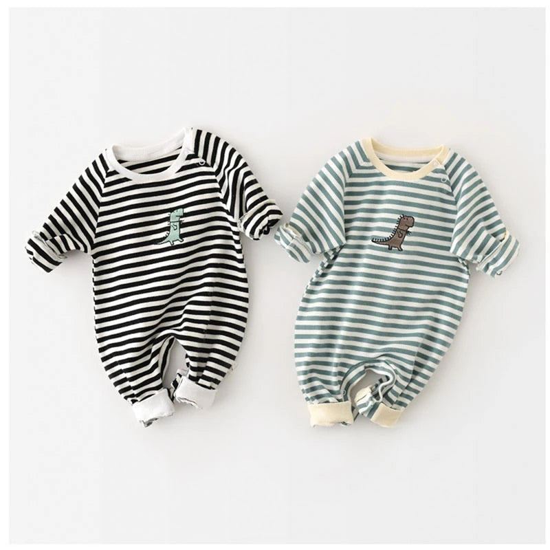 Dinosaur Long Sleeve Striped Jumpsuit Romper