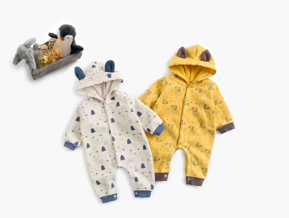 Baby Toddler Boy Girl Winter Clothes Fleece Thick Baby Romper Warm Long Sleeve Hooded Ears Jumpsuit