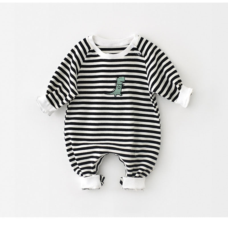 Dinosaur Long Sleeve Striped Jumpsuit Romper